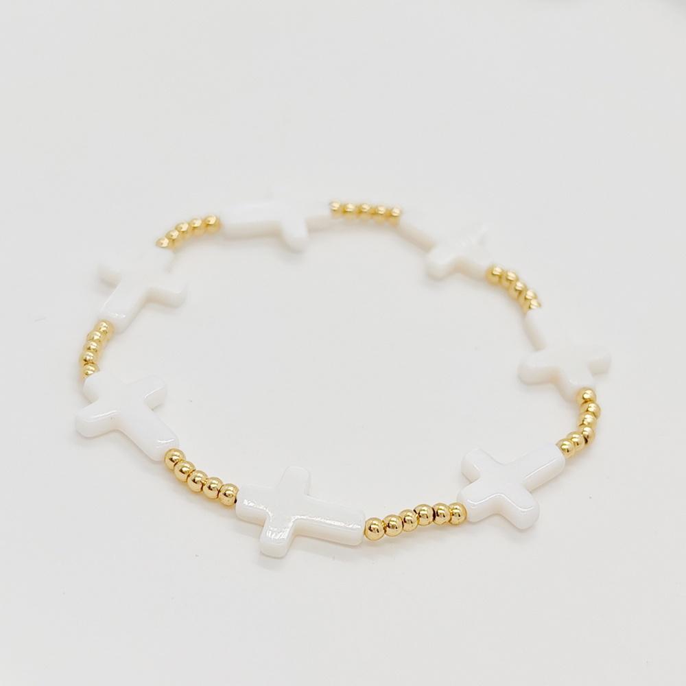 Vlen Natural Shell Cross Bracelet for Women Stretchy Christian Jewelry 18K Gold Plated Beads Bracelets Dainty Pulseras Femme