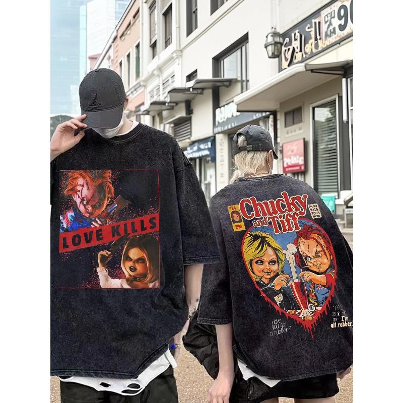 Camiseta Preta Oversized Lavada Vintage Unissex Manga Curta Camisetas Gráficas Homens Mulheres Roupas Chucky E Tiffany Amor Mata Chucky