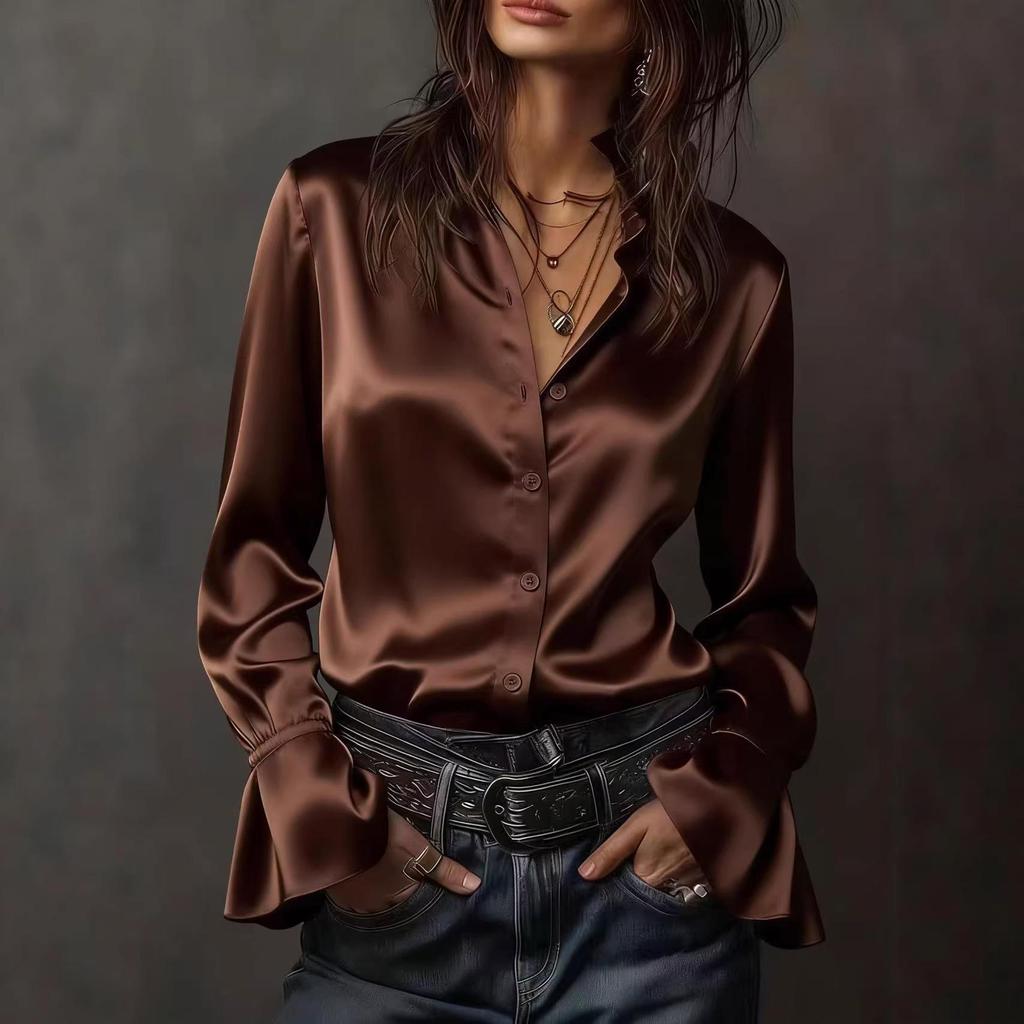 Elegant Women's Long Sleeve Solid Color Satin Shirt - Spring 2026 Collection