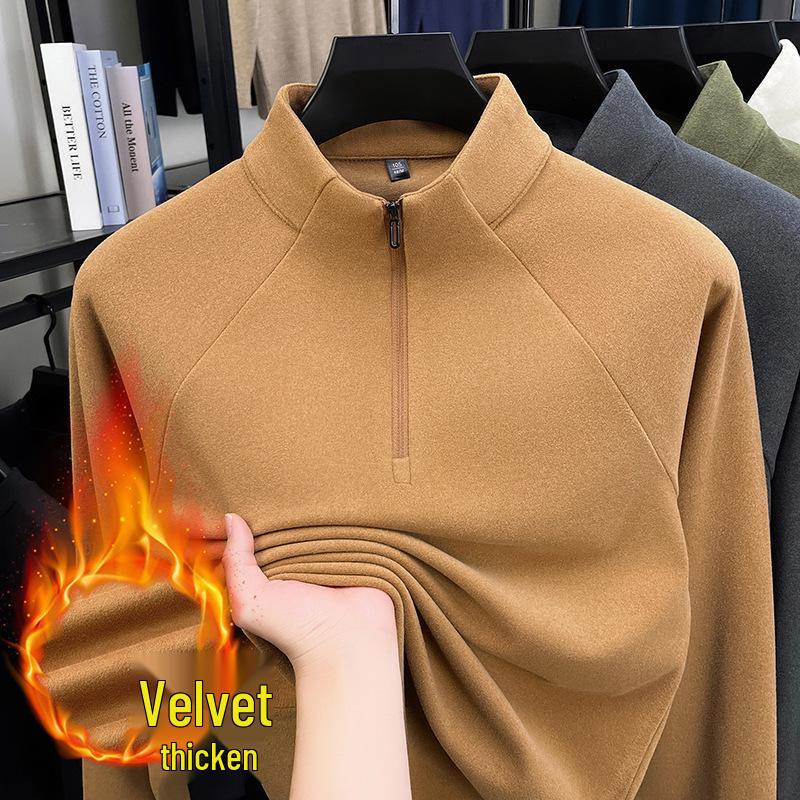 Men's Luxury 700g Velvet-Lined Stand Collar Half-Zip Heavyweight Hoodie - Warm, Lightweight, Autumn/Winter Solid Color.