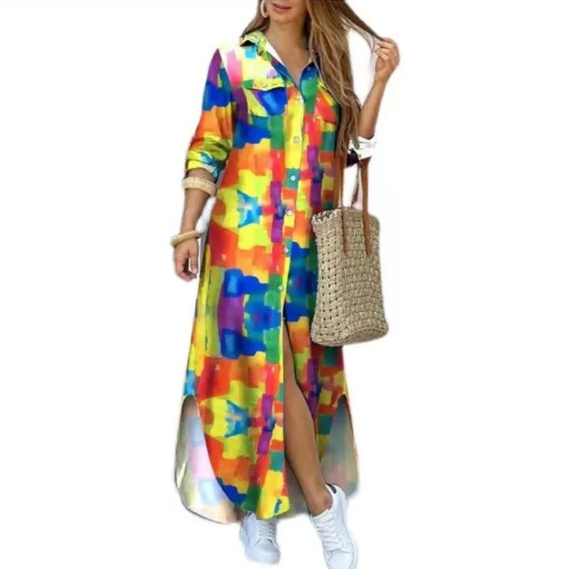 Moda Primavera e Autunno EastRogue Camicia Sexy Monopetto Gonna Lunga Abito Ampio con Revers
