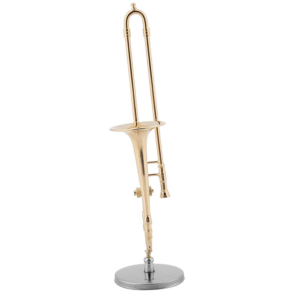 Miniature Trombone Replica with Stand and Case Gold Plated Instrument Model Musical Ornaments