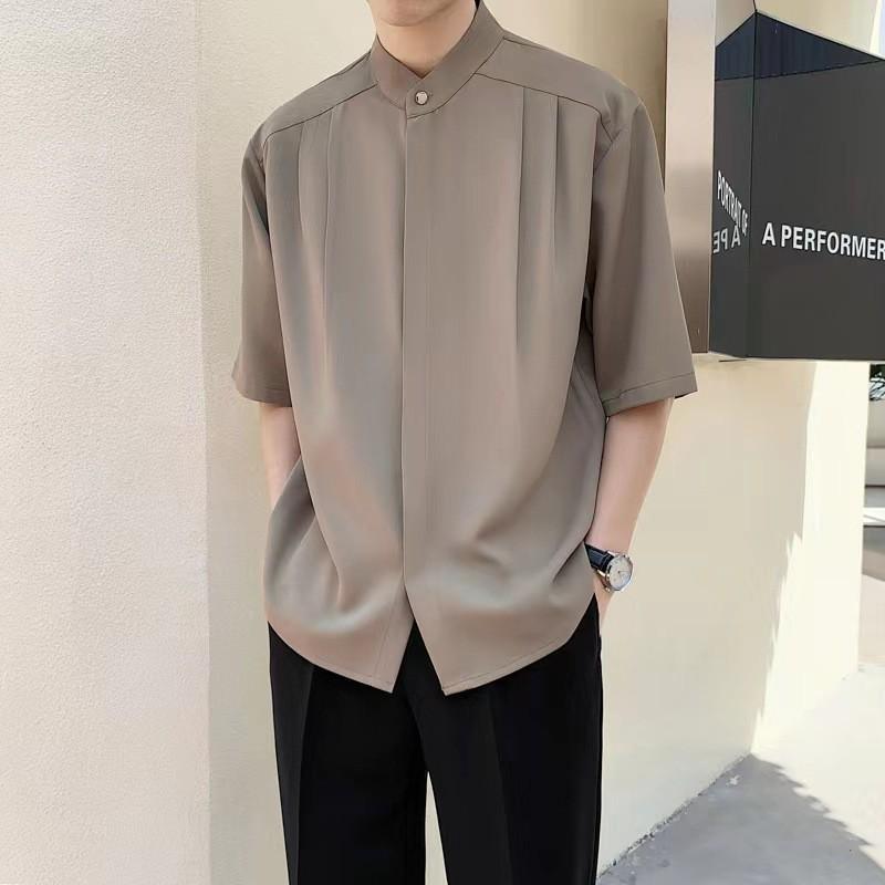Men's Casual Summer Stand Collar Ice Silk Shirt Suit - Chinese Inspired Design