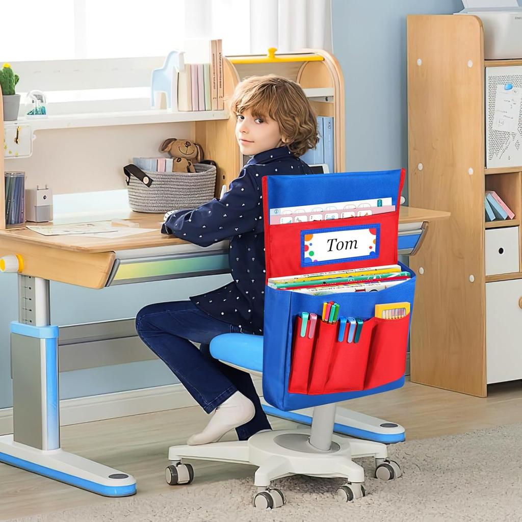 Classroom Chair Back Storage Pocket Organizer, Kids Chair Hanging Book Bag with Name Tag & Pen Pockets, Heavy Duty Oxford Fabric Student Desk Caddy