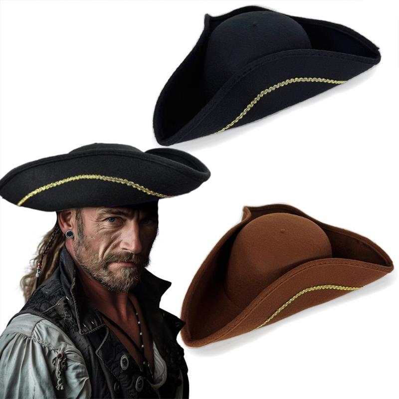 Victorian Pirate Hat With Gold Stitched Soft Lining Tricorn Hat For Costume Parties Vintage Adult Costume Accessory