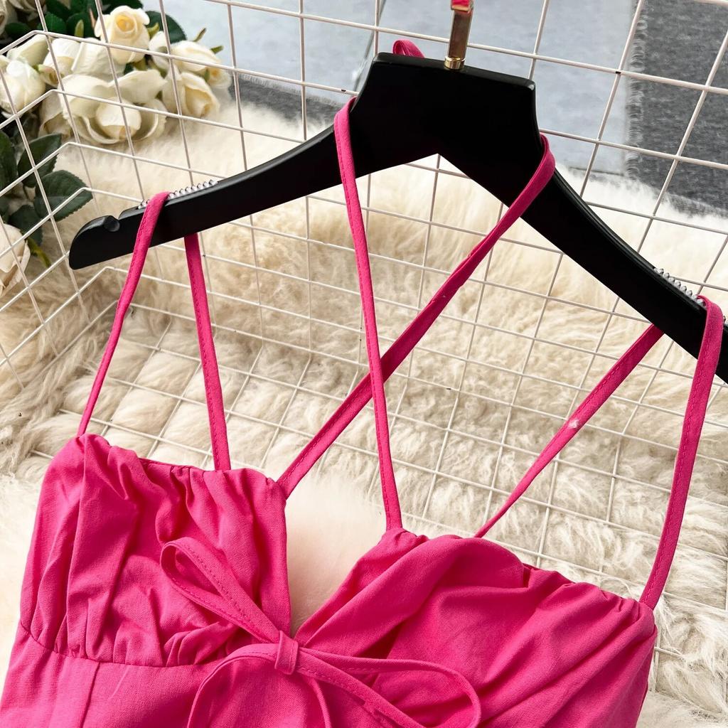 Scheming Hanging Neck Dress Sexy V-neck Slim fit Long over-the-Knee Split Suspender Dress Trip Shoot Holiday Sle Dress