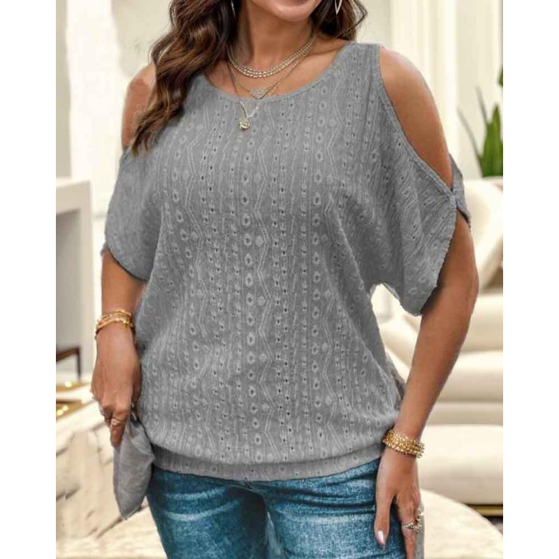 Solid Color Off Shoulder Hollowed Out T-shirt WOMEN Top