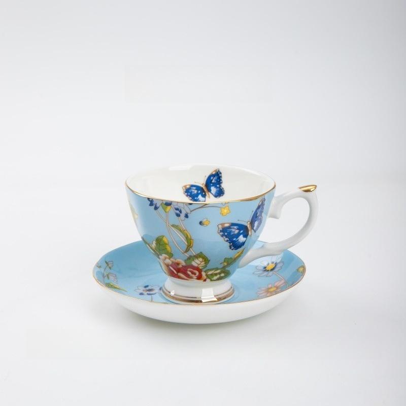 Luxury Gold Rim Bone China Tea Cup and Saucers, Elegant Floral Butterfly Coffee Mug Tableware Set, Bird on Branches Bone China Coffee Cup for Home