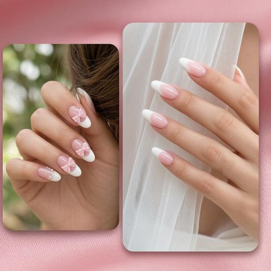 24Pcs Pink Bow Women Press on Nails, Faux Pearl Almond Stick-on Fake Nails, French Tip Glue on False Nails for Office Date Party Wedding