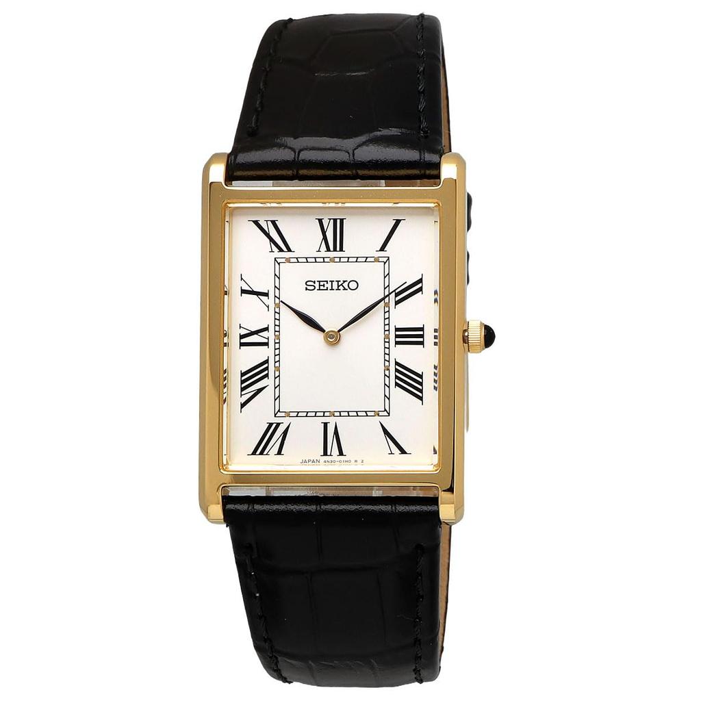 SEIKO Overseas Model Quartz Watch, Made in Japan Sapphire Glass Model SWR104, Gold/White/Black Leather, Men's