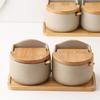 Beige Ceramic Seasoning Jar with Bamboo Lid Kitchen Spice Container Household Salt and Sugar Bowl Set Seasoning Storage Box