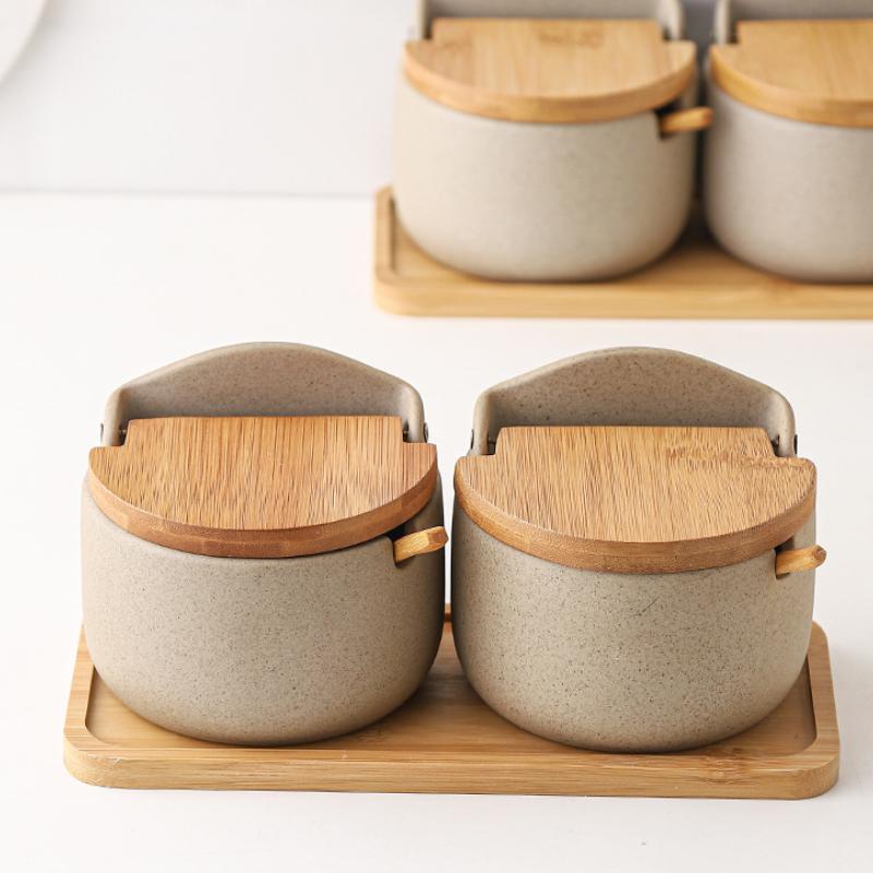 Beige Ceramic Seasoning Jar with Bamboo Lid Kitchen Spice Container Household Salt and Sugar Bowl Set Seasoning Storage Box