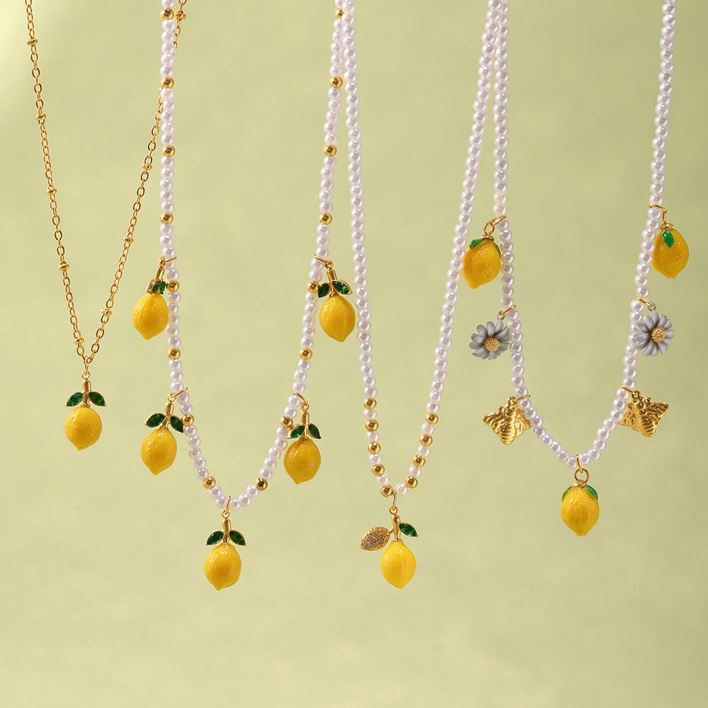 Nivora Resin Fruit Lemon Pendant Necklace For Women Imitation Zircon Stainless Steel Zircon Handmade Strand Beads Choker Zircon
