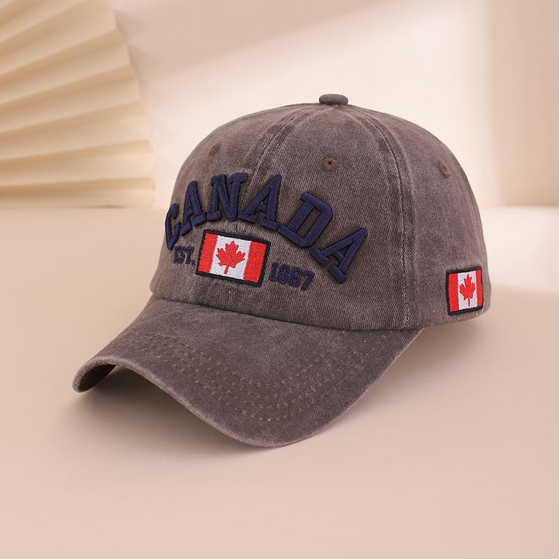 Fashionable and Retro Washed Embroidered Letter Maple Leaf Soft Top Baseball Cap, Simple and Versatile Adjustable Baseball Cap