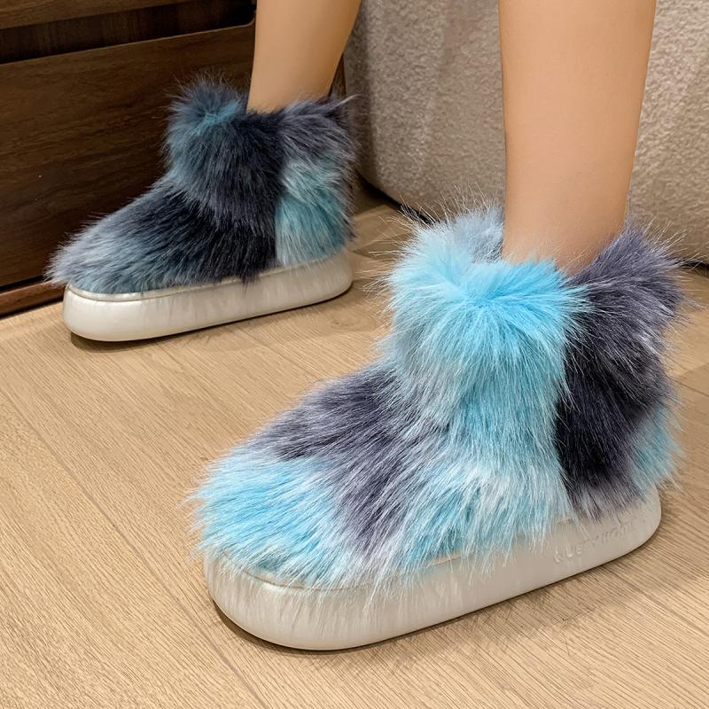 Fashion Fluffy Blue Fur Non Slip Warm Snow Boots Women 2025 Causal Mix Color Long Plush Snow Boots Women Thicken Bottom Faux Fur Shoes