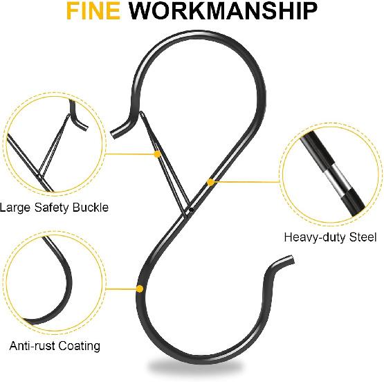 12 Pack Large S Hooks for Hanging, 5 inch Heavy Duty Metal S Hooks with Safety Buckle S Shaped Hooks Pot Rack Closet Hooks for Hanging Plants,