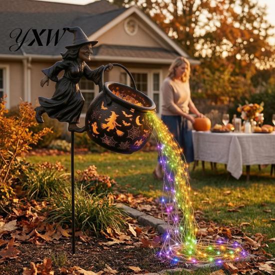 Outdoor Halloween Decorations Witch Cauldron Garden Light, Metal Yard Stake with LED String Pot Ornament Lights, Waterproof Statue for Lawn Path Decor