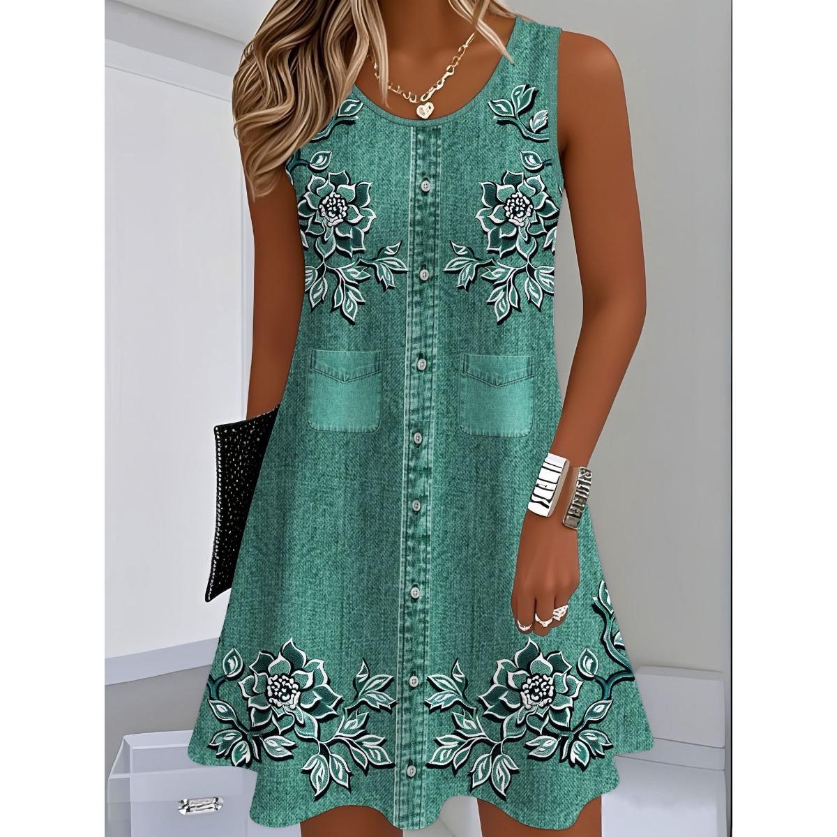 

Женская повседневная юбка с цветочным принтом под деним - Изготовлена из блестящей шелковистой ткани, летний наряд с круглым вырезом, приталенный стиль, легкий материал XL зелёный