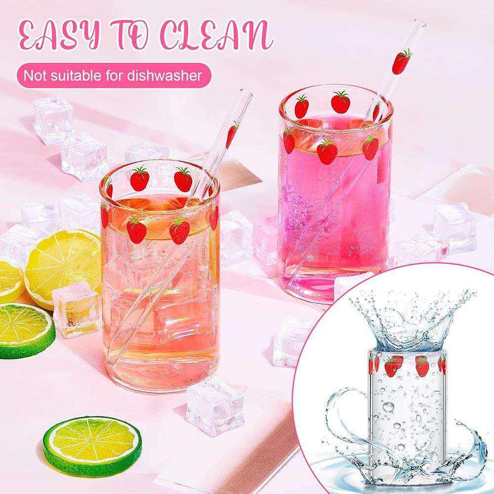 Cute Glass Strawberry Cups 300ML Straw Glass cups,Cute Strawberry Pattern Glass Bottles for Water Milk Tea,coffee Juice Tea Cups