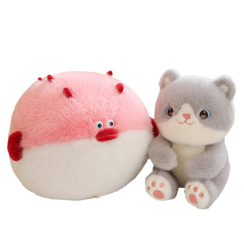 Cute Cat Fish Plush Toys Set Kawaii Stuffed Cat Puffer Animals Plush Doll Throw Pillow Toy Christmas Gifts For Boys Girls