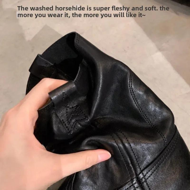 Lederversion Pferdeleder Spitzrunde Zehe V-Ausschnitt Motorradstiefel Damen Dicke Ferse Western Cowboy Kurze Stiefel