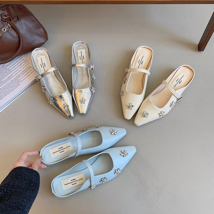 [Ushilai] French flower rhinestone bag head half slippers women wear square head commuting versatile cool slippers