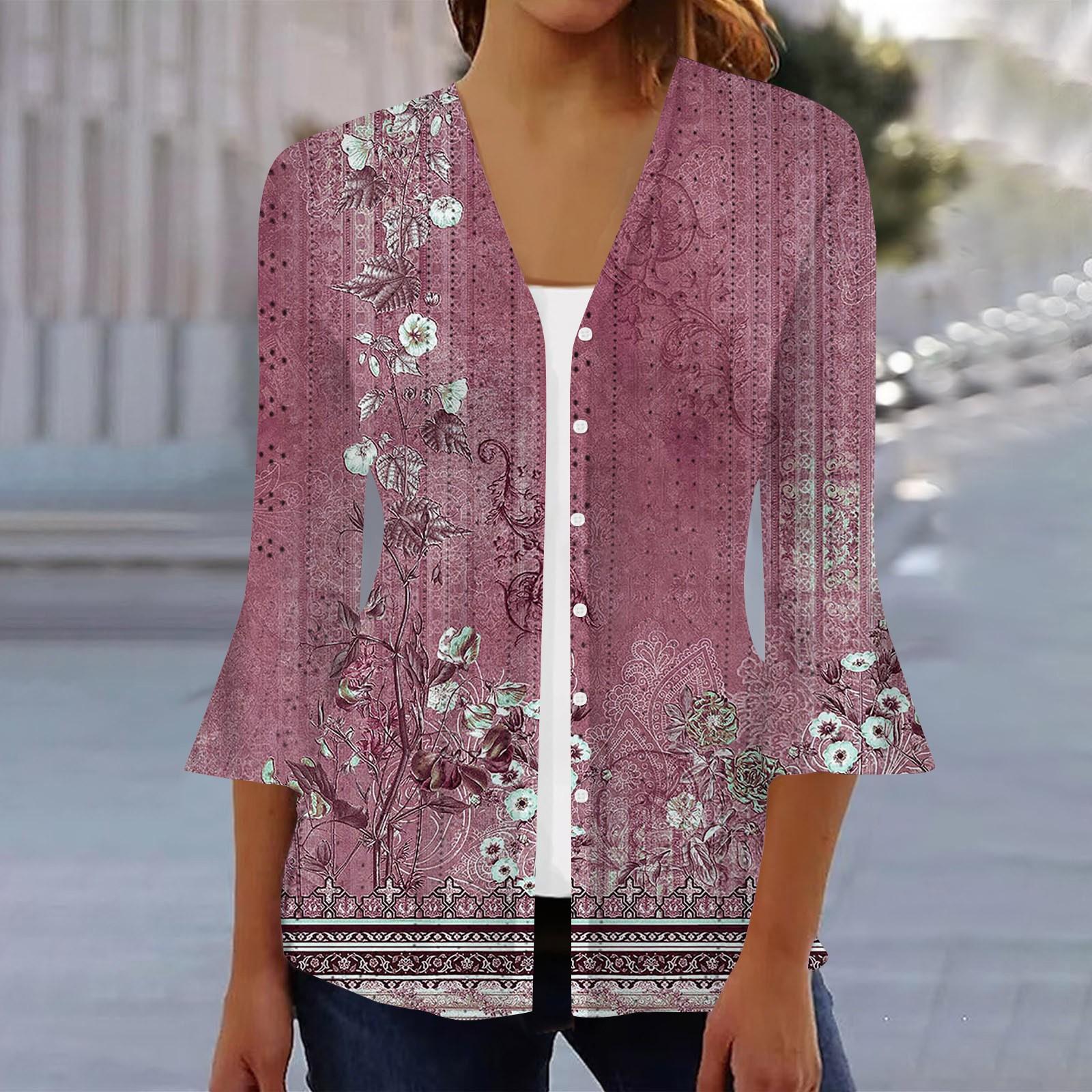 

Женская мода свободный повседневный принт с рукавом три четверти рубашка на пуговицах кардиган топ L