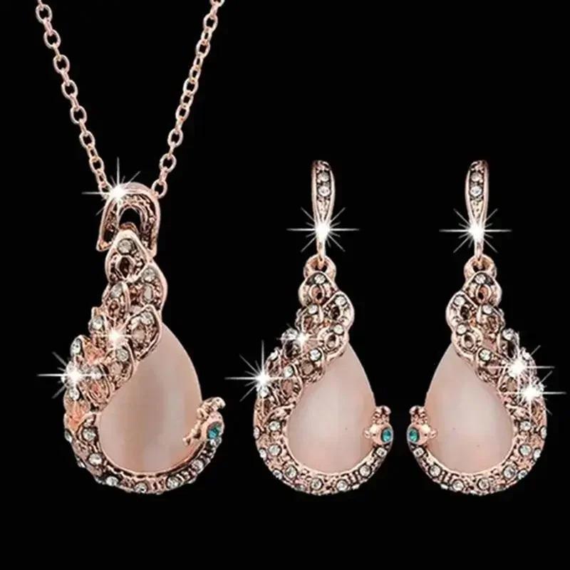 Vintage Diamond Studded Cat Eye Stone Water Droplet Necklace Earrings Creative Womens Jewelry Set Fashion Cat Eye Stone Necklace
