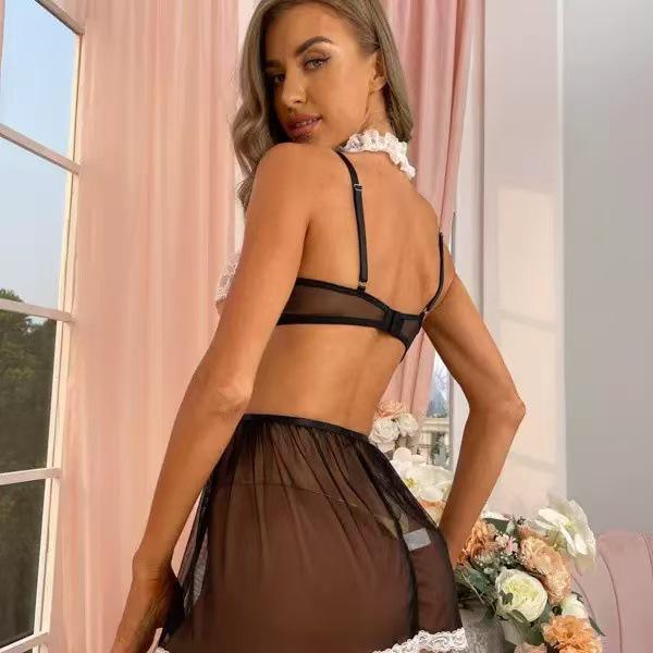 European & American Lace Push-Up Bra Lingerie Set with Maid Costume