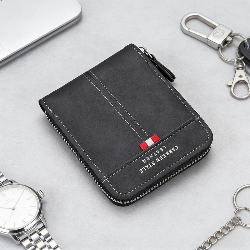 Men's Large Capacity Short Wallet Fashion Retro Trifold Zipper Multi-Card Holder with Chain Accessory