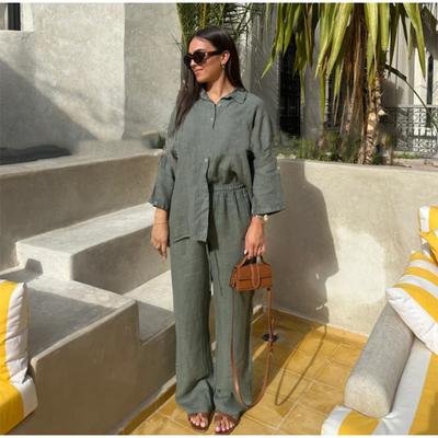 Women's Suit Solid Color Cotton Linen Two Piece Set Spring Summer Fashion Button Shirt + Pants Sets Casual Loose Style 2 Piece Outfit