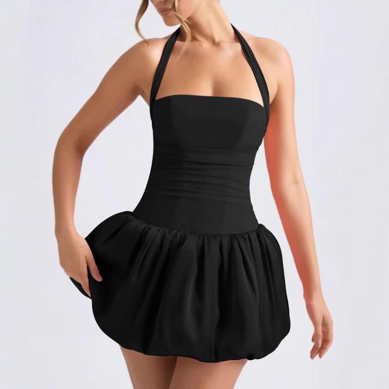 Women's Summer Pleated Backless Sexy Lace Up One Line Neck Princess Dress
