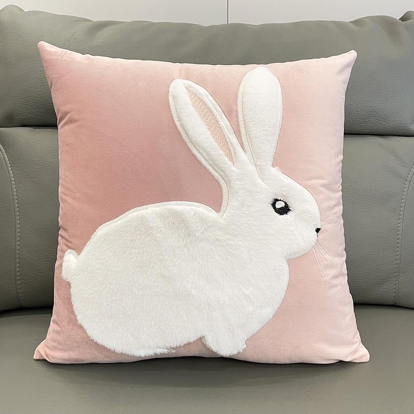 Soft Rabbit Pillow Cover Sofa Cushion Velvet Embroidered Pillow Girl Heart Pink Cartoon Pillow Cover Cute Premium