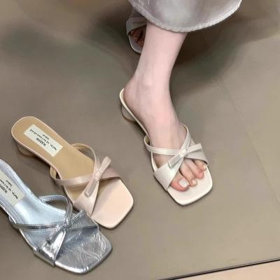 Fashion Shoes Woman 2025 Square Toe Female Slippers Butterfly-Knot New Summer Scandals Slides Butterfly-knot Shoes Woman 2025 Slippers S