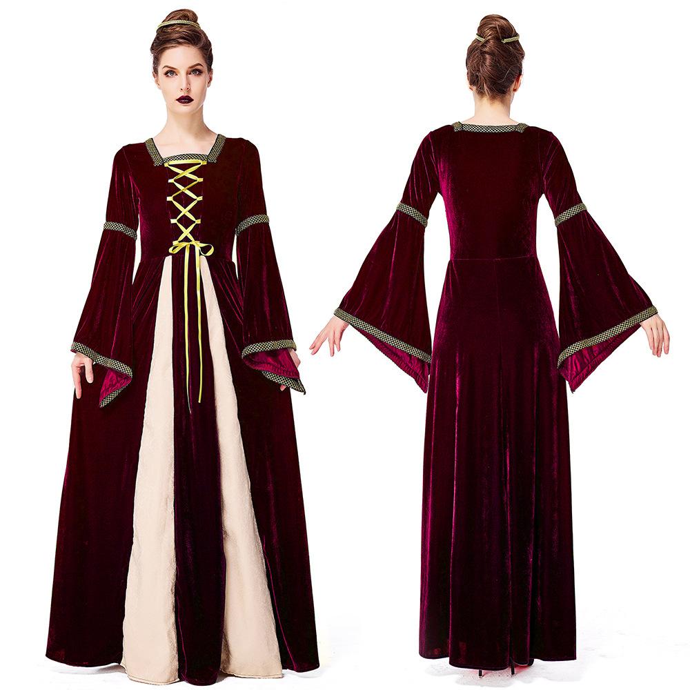 Adult Women Renaissance Retro Medieval Drama Stage Flare Sleeves Dress Gown Halloween Cosplay Costumes Role Play Outfit