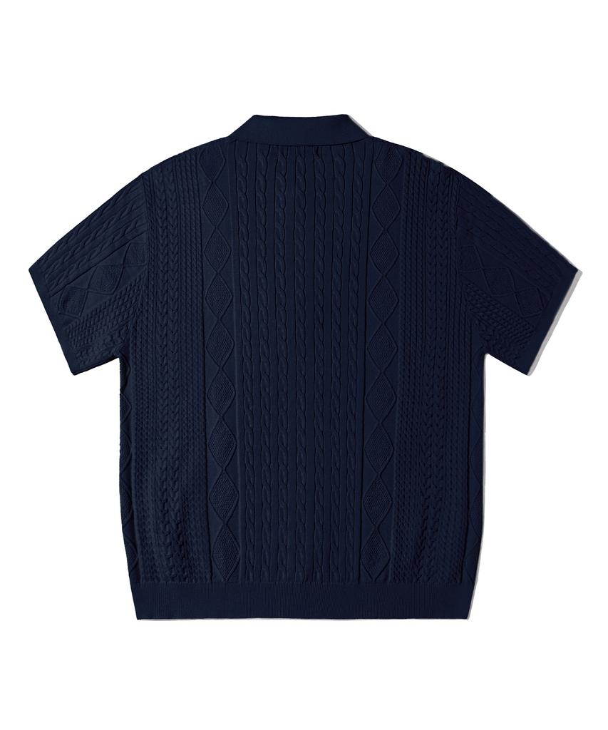 TRILLION Washable Cable Half Sleeve Button-Up Knit (Navy)