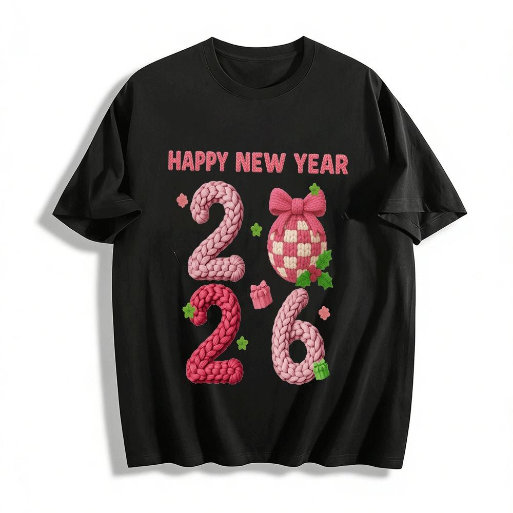 Happy New Year 2026 Knit Style Festive Print Casual Top Pure cotton T-shirt XXS