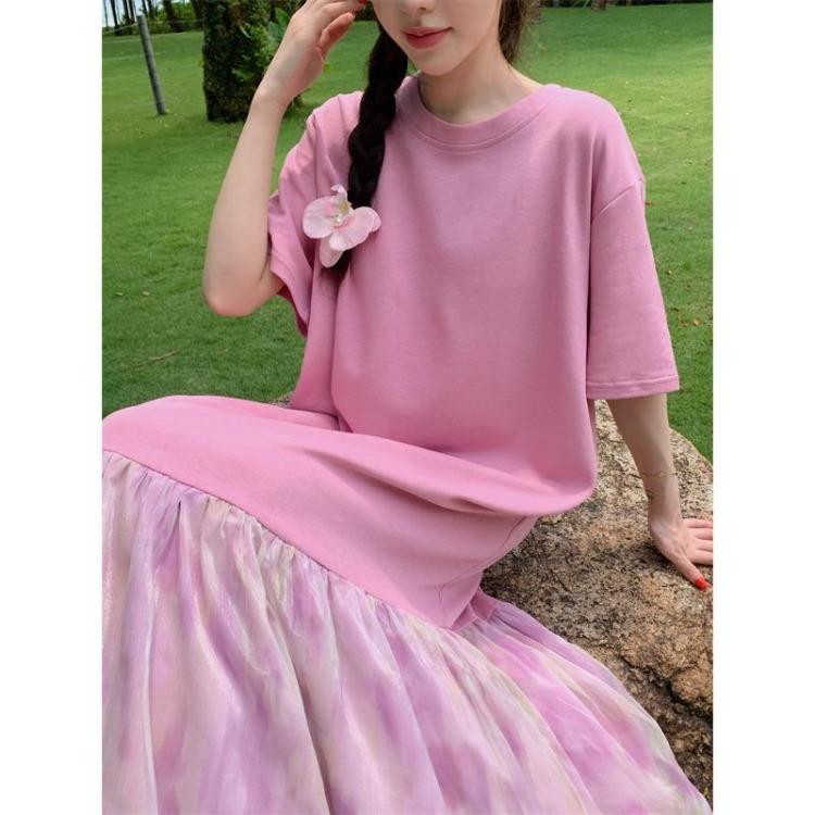 Summer Women Loose Dress Plus Size Casual Oversize Long Shirt Dress Solid Pleated Lace Short Sleeve