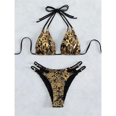 Bikini Serpente Nero Oro Metallizzato Bronzato Costume da Bagno Goth Push Up Senza Schiena Estremo con Laccetti Perizoma Donna Costume da Bagno da Spiaggia