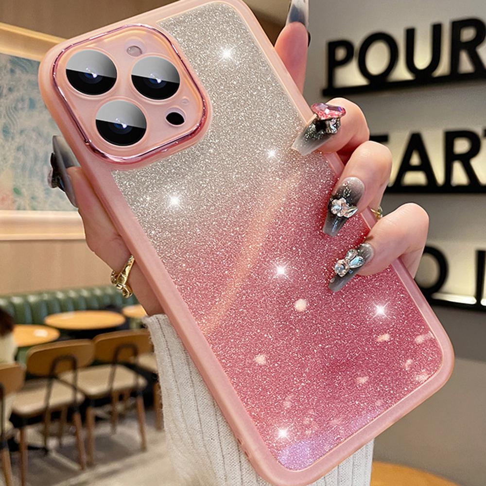 For iPhone 16 Pro Max Case Gradient Glitter Shockproof PC+TPU Phone Cover with Lens Film