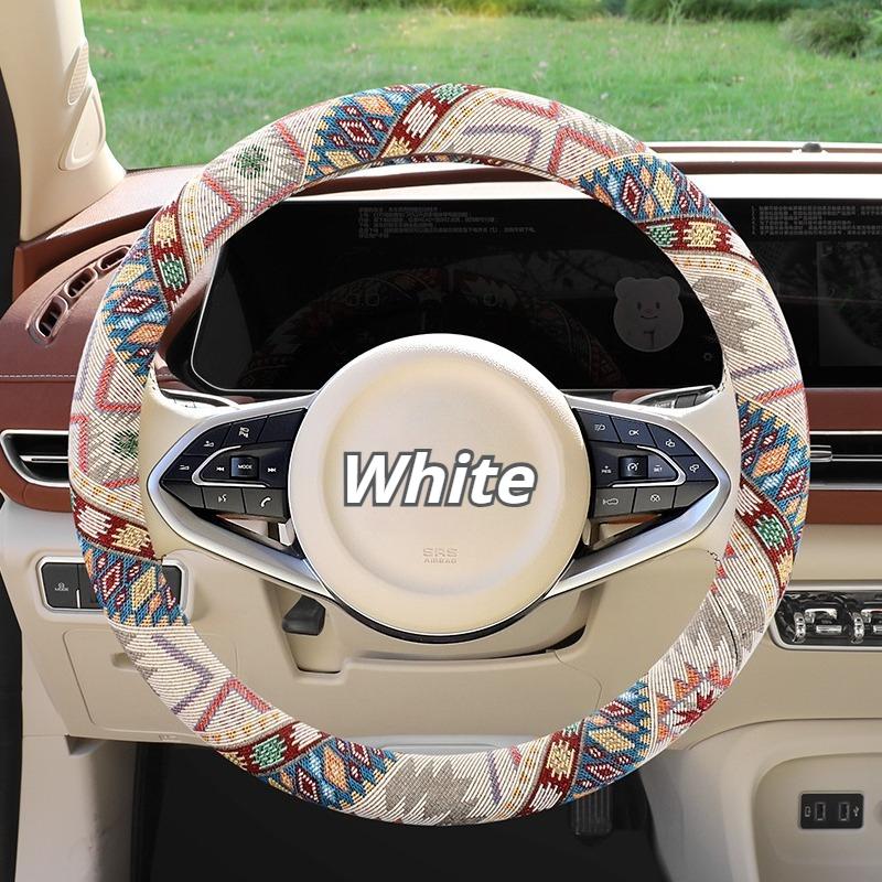 Breathable Linen-Feel Steering Wheel Cover, Oriental Ethnic Pattern for 14.5-15 Inch Wheel, Comfort Grip All-Season
