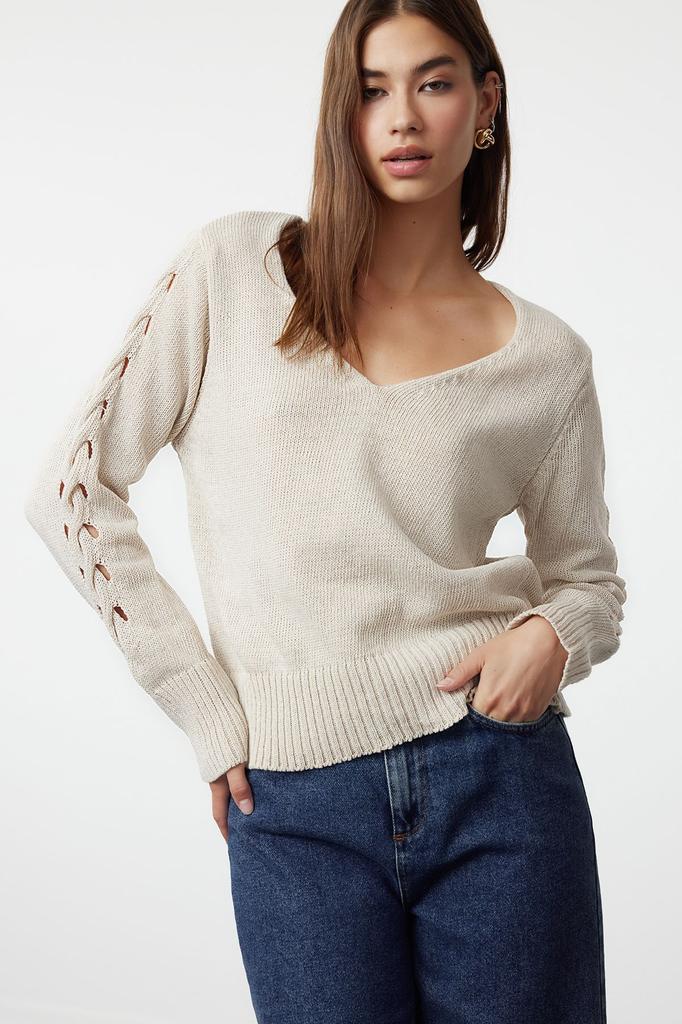 Women's Fashion Stylish Sweater Mink Openwork Perforated Cotton V-Neck Knitwear Sweater