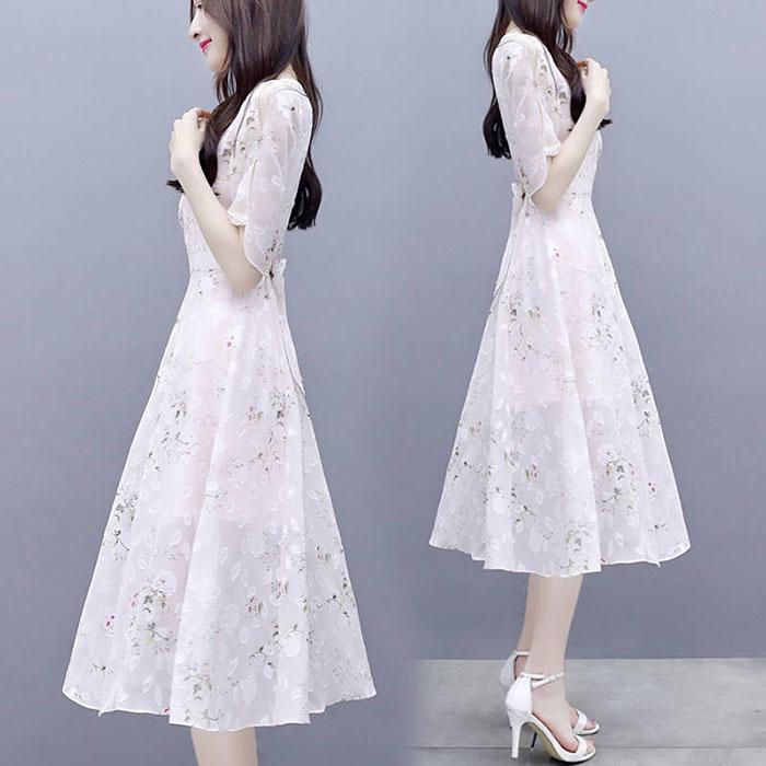 S-3XL Dámské letní luxusní květinové šifonové šaty večerní šaty s krátkým rukávem a výstřihem do V