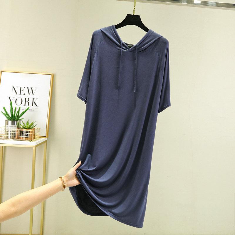 Damen Kapuzen-Kurzarm-Midikleid Lockerer Schnitt Hohe Taille Pendler Freizeit T-Shirt-Kleid Modal Uni Frühling Sommer Lange Tunika