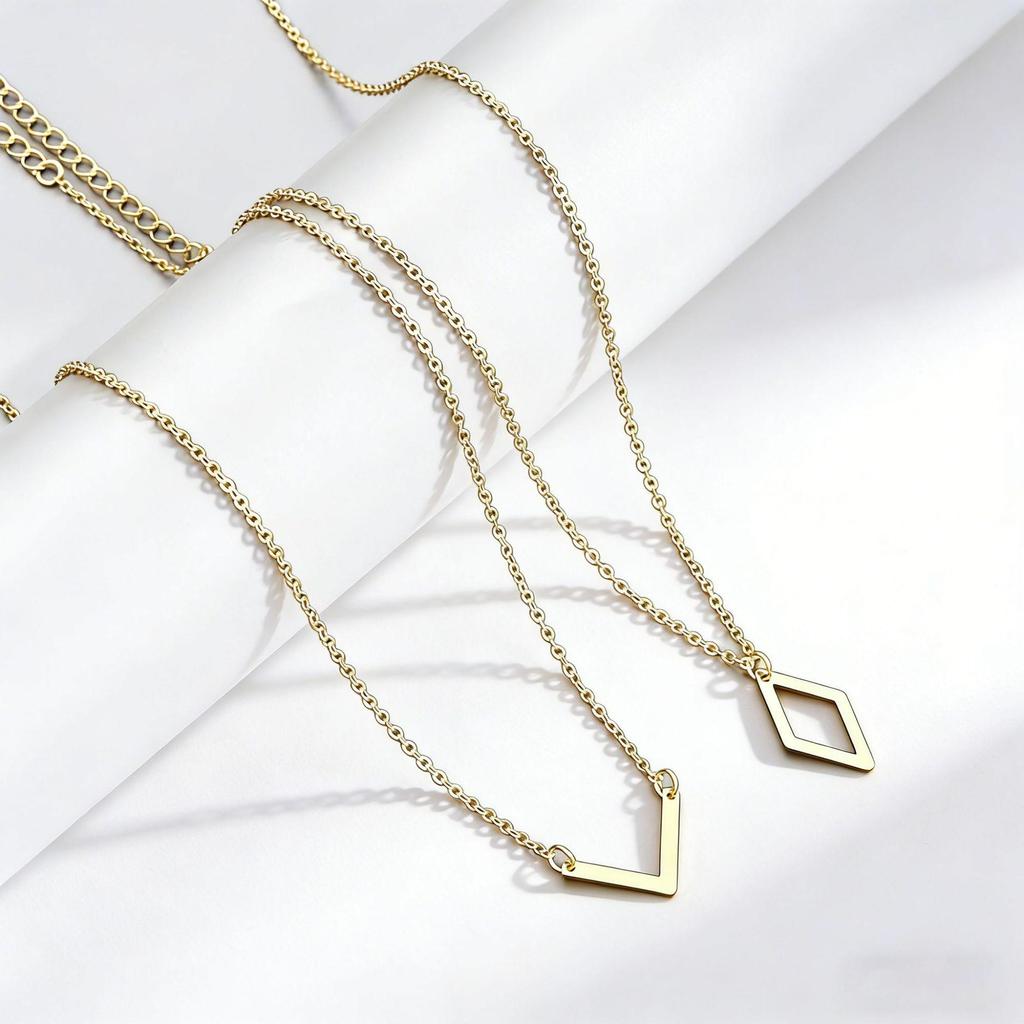 Modern Geometric V-Shape Rhombus Necklace Set - 2-Piece Fashion Pendant for Women