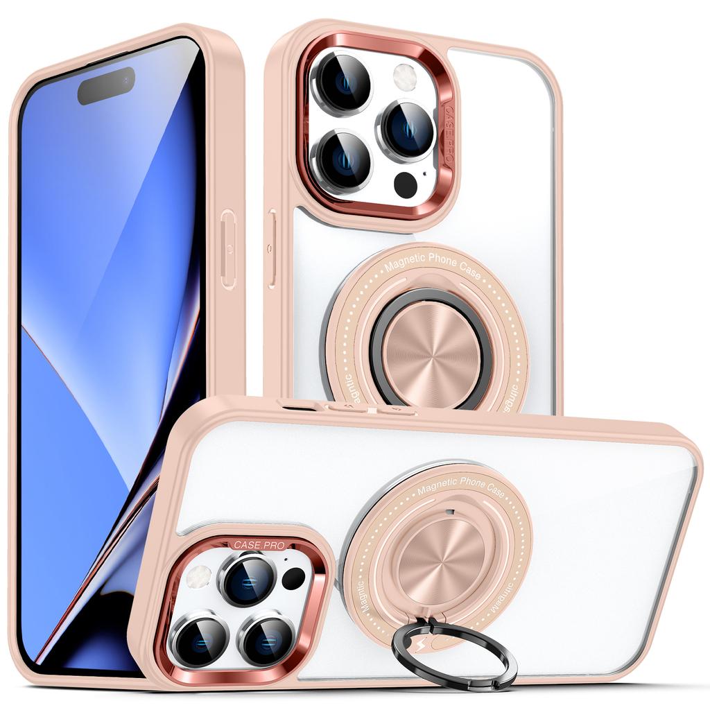 For iPhone 15 Pro Max PC+TPU+Acrylic Phone Case Ring Kickstand Transparent Cover Compatible with MagSafe