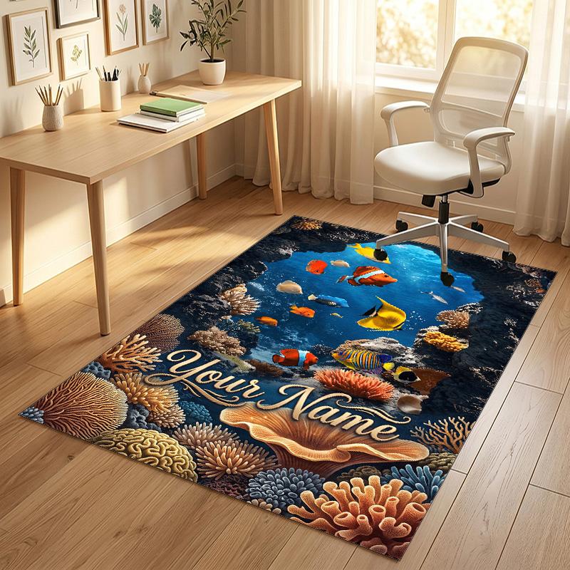 Underwater Coral Paradise Theme Soft Crystal Velvet Rug Custom Name & Text Print Non Slip Floor Rug for Bedroom Living Room