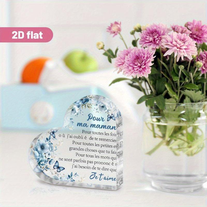 2D Flat, "Pour Ma Maman" Heart-Shaped Acrylic Decorative Plaque, Blue Floral Design & French Inscription, Suitable for Wall Decoration, Porch, Room, V
