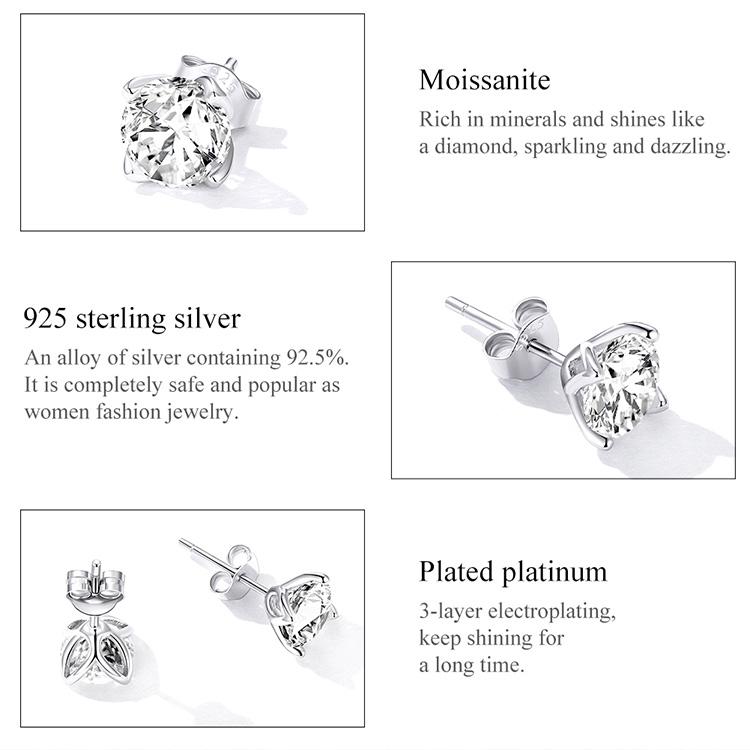 BAMOER 925 Sterling Silver Moissanite Stud Earrings for Women Wedding Gift Top Quality Dazzling Earrings Fine Jewelry