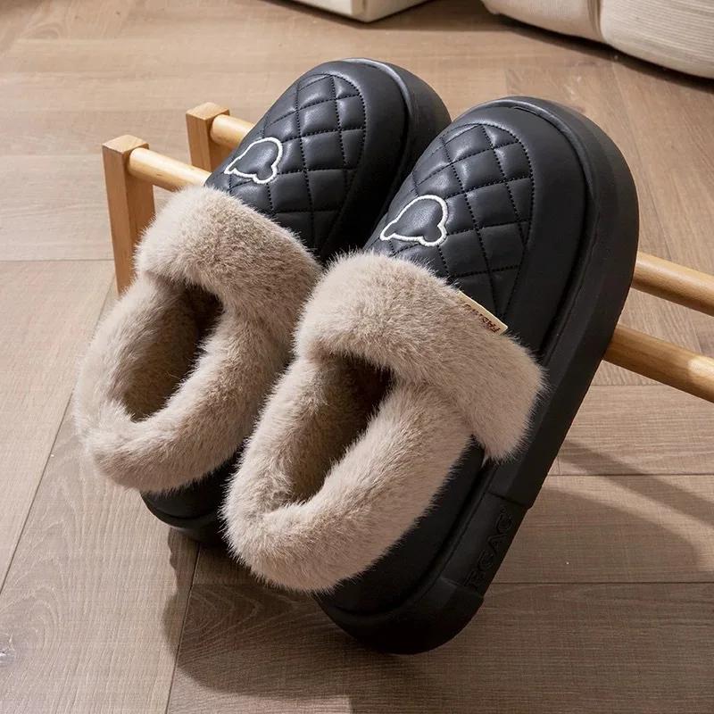Fashion Women Fur Fuzzy Slippers Outdoor Waterproof Plush Lined Slides Indoor Antiskid Platform Cotton Shoes Fluffy House Slipper